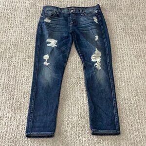 7 For All Mankind Blue Skinny Boyfriend Jeans with Distressed Details